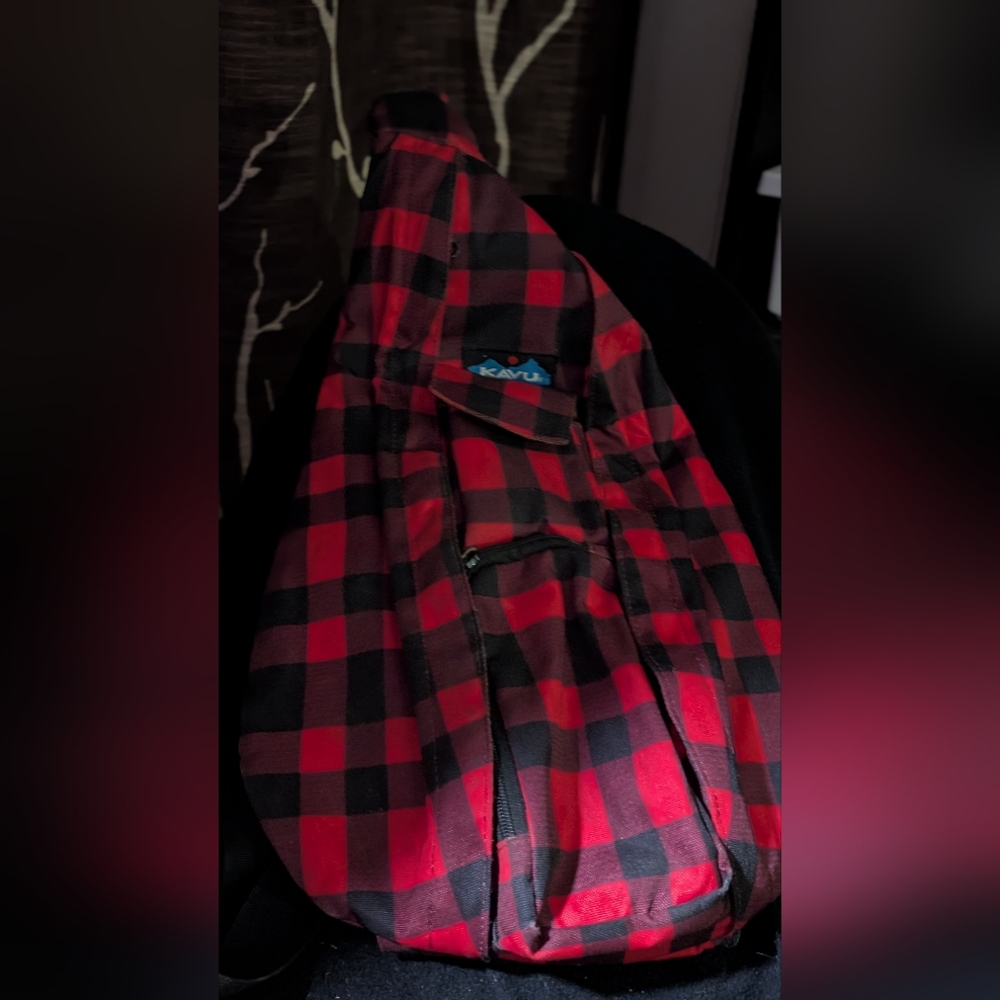 KAVU Plaid Rope Bag Americana Sling Backpack Crossbody, Red, EUC